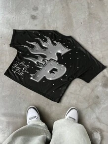 Manfinity EMRG Men's Street Style Portrait Graphic Short Sleeve T-Shirt.Men's Youth Street Style. Men Crew Neck Raglan Short Sleeve Casual T-Shirt With Creative Print, Summer Men S Graphic Shirts. Summer Clothing, Fashionable Street Style, Perfect Gift For Boyfriend, Y2K Style, Back To School Season, Rock Style, Rap Hip Hop Graphic Tees Graphic Tees Men Y2k Mens Cropped Graphic Shirts Brooklyn Shirt Rapper Graphic Tees, 2000s Style - Multicolor - View 2