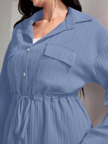 Mulvari Flap Pocket Drawstring Waist Shirt & Wide Leg Pants 2 Pieces Set Modest - Dusty Blue - View 3