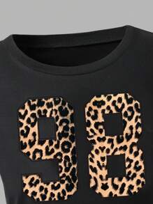 Tween Girls Leopard Print Bow Letter Graphic Loose Short Sleeve Top And Straight Leg Pants 2 Piece Set - Black - View 4