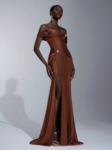 Elitara Elegante, romántico, sexy, vestido minimalista de tela elástica de punto color café con hombros descubiertos, decoración de hebilla metálica, abertura frontal, silueta ceñida, bajo de cola de pez y cola, ideal para fiestas, vacaciones, cumpleaños, bodas y eventos formales - Caqui - Ver 6