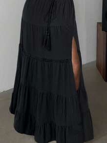 Siren Gaze Váy đi biển Boho 2025 dành cho nữ - Váy maxi xếp tầng vải lanh pha xẻ tà cao, cạp chun và viền ren, trang phục thiết yếu cho lễ hội âm nhạc và kỳ nghỉ | Váy chữ A mùa hè, mùa hè dành cho nữ, phụ nữ đi nghỉ, bãi biển - màu đen - Xem 7