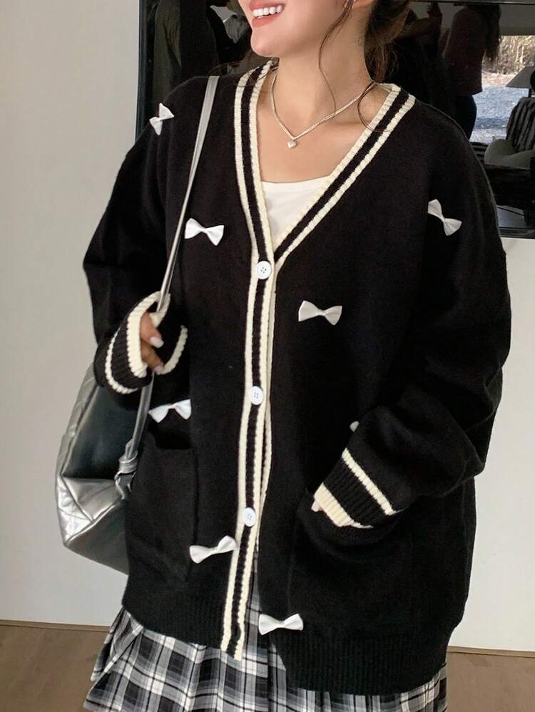 Dazy Plus Autumn Cardigan Colorblock V-Neck Loose Bow Decor Casual Plus Size Knit Sweater For Women Jacket