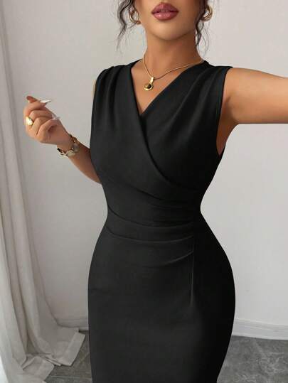 Elenzga Vestido de unicolor de corte ajustado con cuello en V sin mangas, cintura recogida, elegante, cómodo y encantador, ideal para vacaciones y uso casual en la ciudad