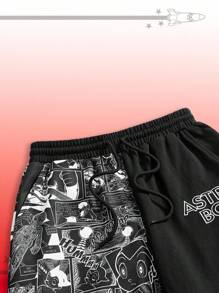 Astro Boy X ROMWE Women's Colorblock Cartoon Graphic Drawstring Waist Sweatpants - Black - View 3