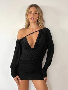 SHEIN ICON 女式黑色透明网眼串珠低胸不对称肩露背长袖褶饰露肩深 V 性感黑色连衣裙