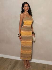 Glamine Elegant Women's Long Fitted Knit Dress, Sleeveless Autumn/Winter Earth Tone, Bodycon Summer Dress, Sunset Dress, Halloween, Women Dresses, Festival Outfits, Back To School, Halloween Clothes, Yellow Summer, Women At Work, Pale Yellow, Maillard Style, Chic Autumn, Best Seller Earth Tone Dress, Christmas - Multicolor - View 4