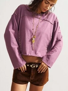 Bohemela Women's Casual Solid Color Knit Crew Neck Long Sleeve Loose Washed T-Shirt, Autumn/Winter Boho,Fall - Purple - View 1