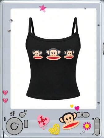 Paul Frank X ROMWE Top corto ajustado con estampado de mono, estilo Y2K Kpop para mujer