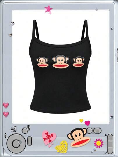 Paul Frank X ROMWE Women's Kpop Y2K Monkey Print Slim Fit Crop Camisole Top
