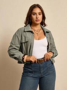 SHEIN LUNE Plus Size Fall Clothes Women Solid Color Minimalist Casual Long Sleeve Jacket Fall Jackets & Fall Women Clothes Winter Clothes Fall Back To School Kawaii Streetwear Women Vintage Clothes Grunge Basic Techno Stylish Plus Size Women's Khaki Casual Jacket Featuring A Classic Lapel Neckline And Extra, Long Sleeves With Gathered Cuffs. This Short Woven Outerwear Includes A Functional Drawstring Waist For A Flattering Fit Basic Back To School Autumn Going Out Tracksuit Crop Tops