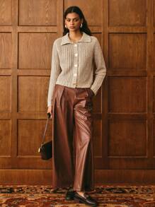 Poéselle Cárdigan de mujer con botones metálicos de color marrón claro cálido, cárdigan de punto con botones básico de unicolor casual y sencillo para ir al trabajo, estilo campestre bohemio occidental para otoño, invierno y vuelta al colegio - Caqui - Ver 5