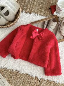 SHEIN Baby Girls' Autumn/Winter Warm Fleece Cardigan With Bow, Versatile And Elegant, Suitable For Outings Fall - Red - View 6