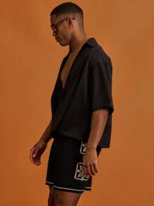 Musero Draped Chiffon V-Neck Short Sleeve Shirt Summer Holiday Vacation - Black - View 4