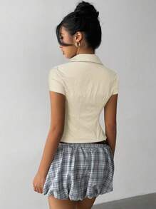 Aloruh 女士优雅纯色短袖褶腰衬衫，通勤、日常穿着、办公室、春夏季通用 - 杏色 - 查看 4