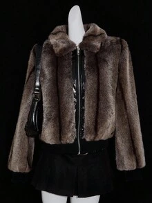 SHEIN ICON Abrigo de mujer con cremallera de estilo retro de piel sintética, elegante para otoño/invierno, abrigo de piel, abrigo de peluche