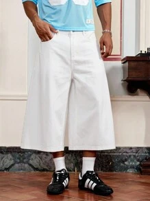 SWAVVY 男士休闲百搭纯色阔腿牛仔短裤 - 白色 - 查看 1