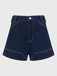 Daynim 女士休闲度假纽扣牛仔短裤 - 深色水洗藍 - 查看 6