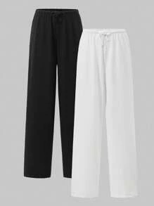 Sparklyn 2 pezzi/set Pantaloni larghi a maglia larga casual e versatili per ragazze/adolescenti, adatti per uso quotidiano e a scuola, autunno/inverno