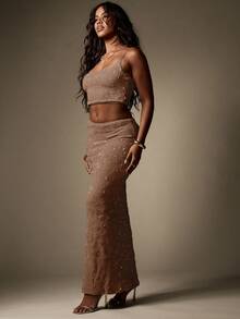 MISSGUIDED 亮片装饰套装两件套短款上衣长裙套装晚会庆祝婚礼宾客节日冬季特殊场合闪亮闪光 - 摩卡棕 - 查看 5