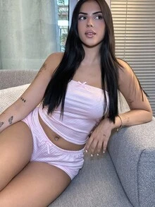 Lucia Bellido 女士休闲条纹蝴蝶结装饰短款上衣和短裤 2 件套，夏季 - 粉色 - 查看 4