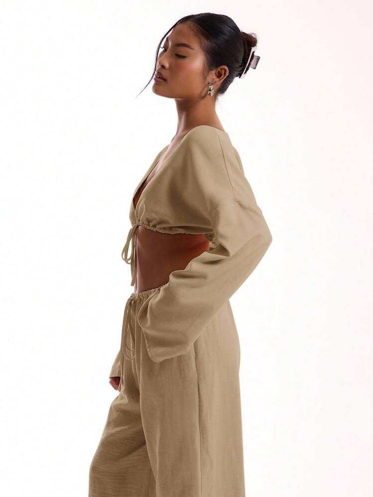 MUSERA Linen Feel Tie Front Wide Sleeve Beach Top Boho Vacation Spring Sexy Elegant Ibiza Holiday Beach Going Out Tops Club ,Elegant Summer Festival Spring - Beige - View 3