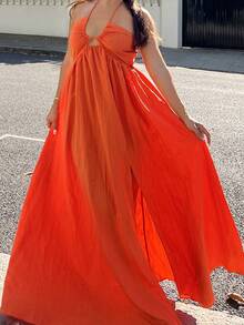 NegzBox 新款春夏休闲假日露背露肩胸围、腰围和后背摆裙，前开叉至大腿，黄色海条纹女式超长连衣裙-B - 橘色 - 查看 4