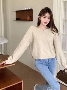 SHEIN Teen Girl Bow Decor Minimalist Long Sleeve Sweater, Casual Everyday Wear Winter Clothes, Long Sleeve Sweaters - White - View 3