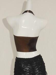 SHEIN ICON Y2k 夏季外出俱乐部音乐会黑红西部嬉皮花卉女式扎染网眼印花露背背心 - 棕色 - 查看 2