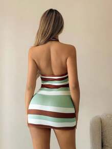 SHEIN ICON Váy ngắn hở lưng cổ chữ V sọc sâu - màu xanh lá - Xem 2