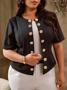 SHEIN LUNE Plus Size Elegant Commuter Decorative Button Short Sleeve Jacket, Summer - Black - View 5