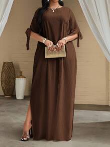 SHEIN Lady Váy dự tiệc cỡ lớn màu trắng tay ngắn dành cho nữ, váy dài rộng rãi, váy tắm cô dâu đi biển, váy dài ôm dáng cho nữ - màu nâu - Xem 3