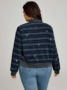 Comfylo Plus Size Women Striped Glitter Baseball Jacket In Fall/Winter - Blue - View 2