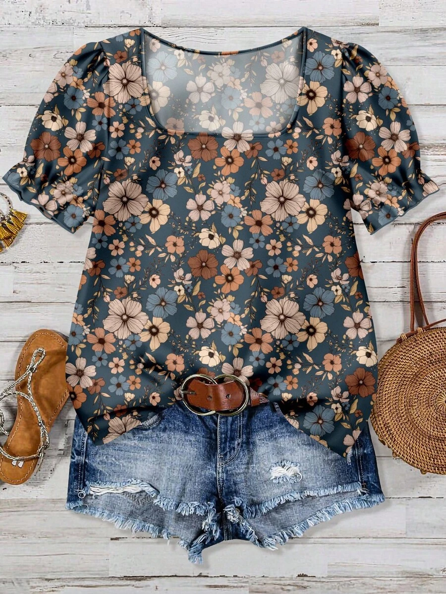 SHEIN LUNE 女士休闲方领碎花衬衫，适合春夏度假穿着，碎花夏季上衣，大码碎花上衣，波西米亚风碎花衬衫，大码夏季上衣，可爱大码上衣，夏季碎花衬衫，时尚女士衬衫，休闲 - 彩色 - 查看 1