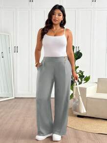 SHEIN Frenchy Plus Size Women's Fashion Casual Black Long Pants, Daily Commute & Outdoor Necessities, Metal Button Decoration, Functional Pockets, 2025 New Stylish Black Trousers