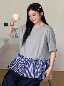 Dazy Plus Contrast Color Block Striped Round Neck Loose Short Sleeve Casual T-Shirt For Girls, Early Autumn - Grey - View 1