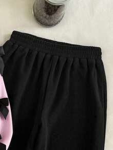 SHEIN 青少年女孩宽松休闲简约舒适圆领长袖拼色运动衫和慢跑裤套装 - 粉色 - 查看 5