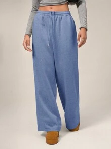 SHEIN Forever 21 秋冬新款休闲加厚抓绒弹力腰阔腿运动裤百搭显瘦 - 淺藍色 - 查看 6