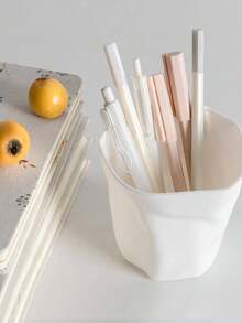 SHEIN 1PC  Minimalist Style Pure White Creative Art Personalized Pen Holder Learning Stationery Storage Bin Makeup Brush Holder Desktop Garbage Bin Desktop Fruit Shell Storage Basin - White - View 4