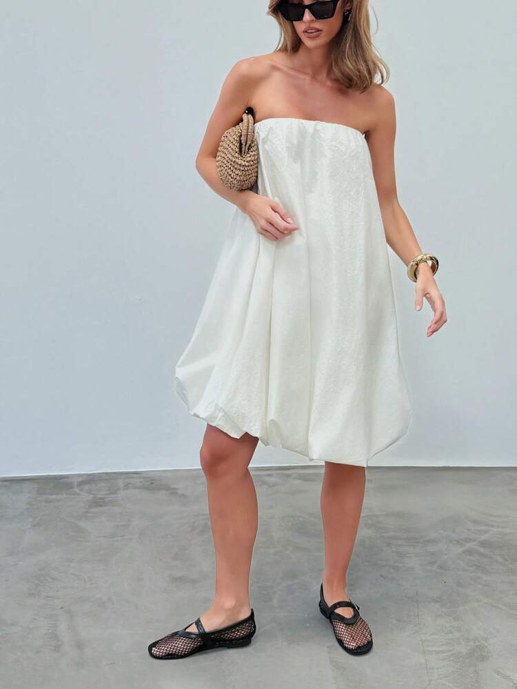 AiiRZ Bubble Midi Bandeau Dress Resort Evening Occasion Loose Fit Strapless Summer Vacation Beach Wedding Guest Side Pockets Gathered Hem Party