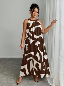 SHEIN Plus Size Women's Elegant All-Over Print Loose Halter Dress, Summer - Brown - View 6