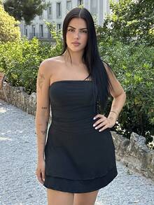 Lucia Bellido Vestido mini sexy sin tirantes con estampado de leopardo y dobladillo de volantes de doble capa - Negro - Ver 3