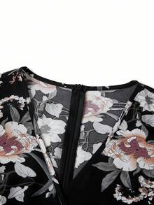 SHEIN Clasi 女式长袖花卉印花斜襟V领连体裤 - 黑色 - 查看 9