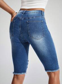 SHEIN LUNE Summer Casual Washed Distressed Slim Fit Denim Shorts - Medium Wash - View 2