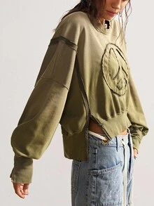 Bohemela 秋冬波西米亚风休闲纯色针织圆领长袖宽松水洗女式运动衫 - 綠色 - 查看 3