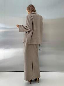 Aloruh Women's Mocha Floral Chiffon Tweed Blazer Jacket And Straight Skirt 2 Pieces Suit Set,Shades Of Brown,Summer,Business Casual,Everyday Office Wear - Mocha Brown - View 3