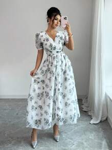 Modelyn French Retro V-Neck Petal Sleeve Waist Cinched Women's Dress - Black - View 6