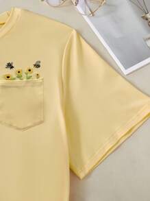 INAWLY Áo thun tay ngắn thêu hoa và ong cỡ lớn dành cho nữ, mùa hè - Màu vàng - Xem 4