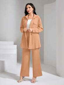 Mulvari Flap Pocket Drawstring Waist Shirt & Wide Leg Pants 2 Pieces Set Modest - Orange - View 7