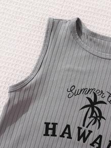 SHEIN 女童度假棕榈树印花针织背心裙，轻盈 - 灰色 - 查看 5