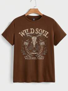 Manfinity LEGND Wild West Cowboy Bone & Bull Head Dreamcatcher Print Slim Fit Short Sleeve T-Shirt, Dark Brown - Brown - View 2